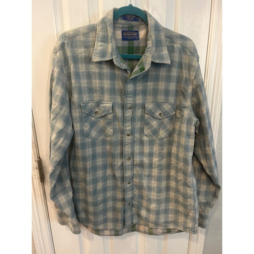 Pendleton Street Shirt Blue‎ Plaid Western Yoke Cotton Button Down Flap Pockets